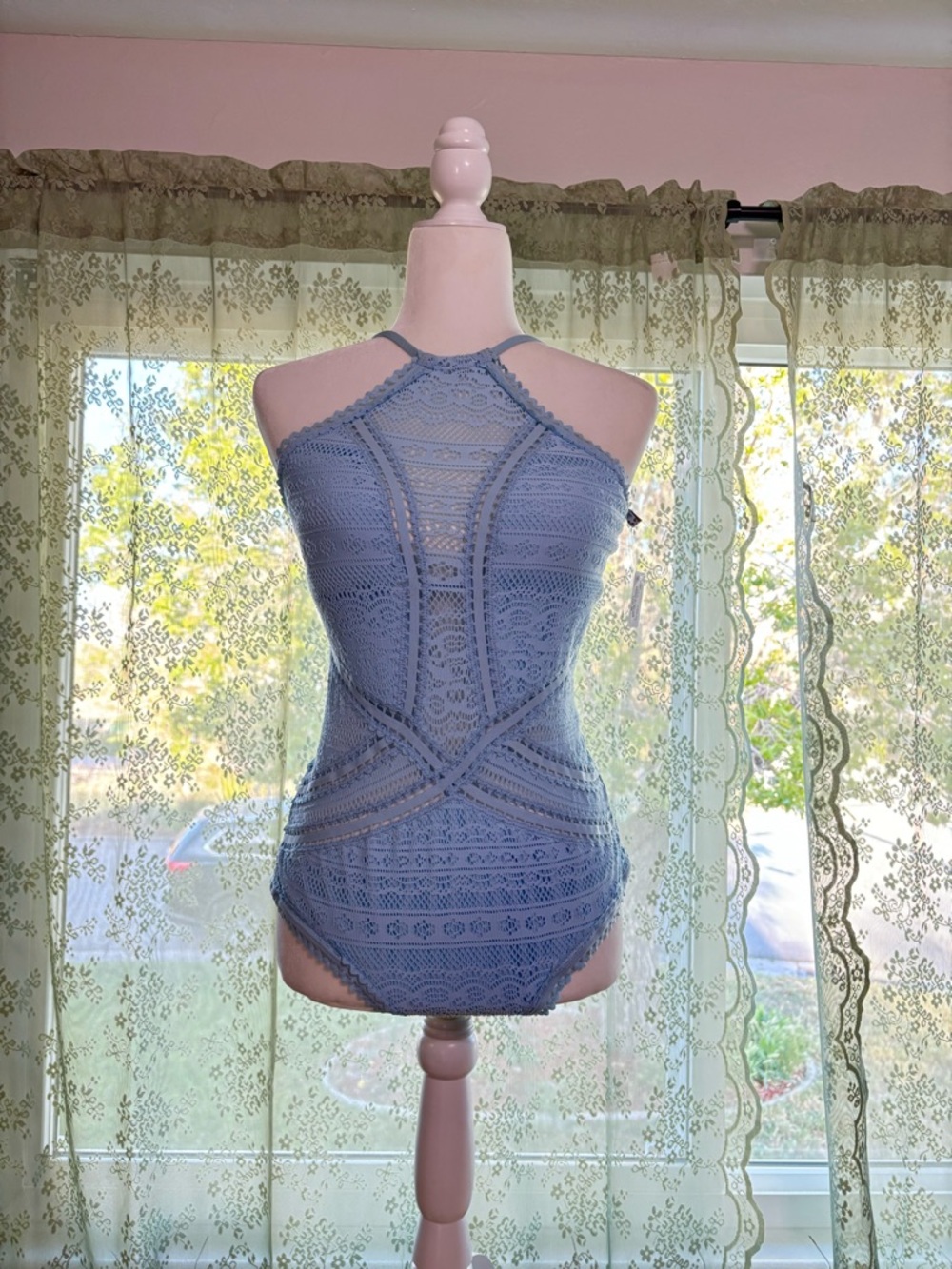 Lace Crochet Halter One-Piece Swimsuit in Dusty Blue